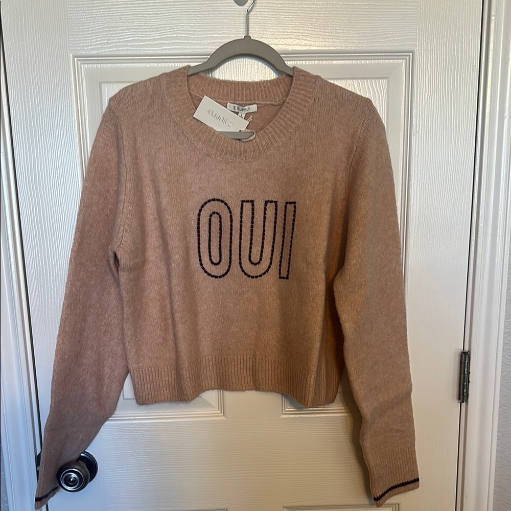 Chic Tan Sweater with 'Oui' Embroidery